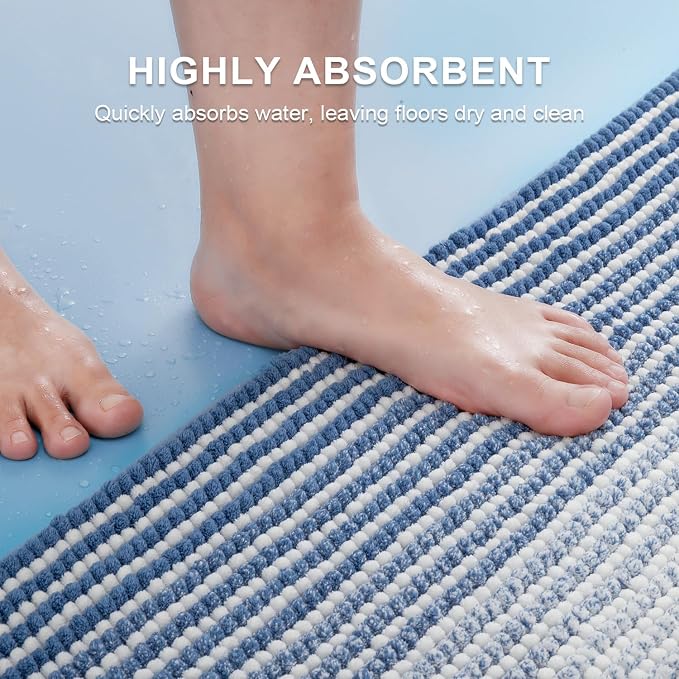 Bathroom Rugs Sets 2 Piece, Non Slip Striped Bath Mats, Sky Blue | 20"x60" Plus 20"x32", Soft Absorbent Chenille, Quick Dry Machine Washable, Shower Rug for Bathroom Floor, Tub, Bedroom Decor