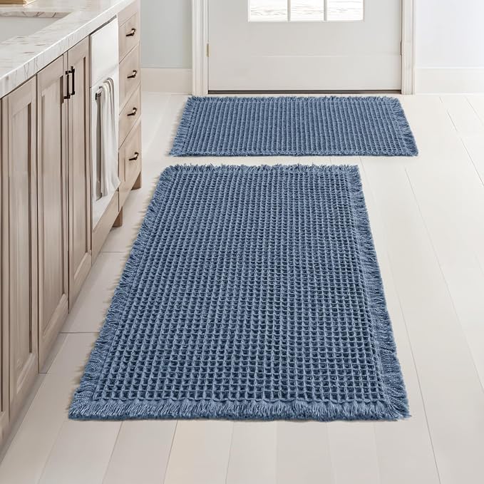 MIULEE Set of 2 Waffle Bathroom Rugs Boho Bath Mat Blue 17"x24"+20"x32" | Non Slip, Super Absorbent, Washable, Ultra Soft, Rubber Backed Bath Rugs for Bathroom Floor Tub Shower