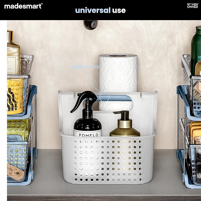madesmart Large Shower Tote with Soft Grip Handle, Frosted Blue | Plastic basket, dorm bathrooms, shampoo, soap, razors, cleaning supplies, under sink storage