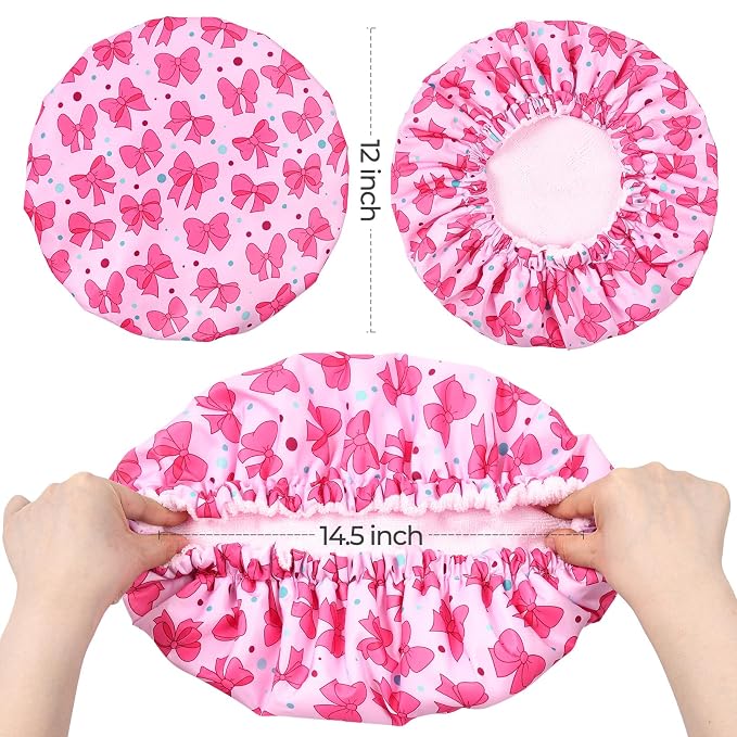 Aileam Pink Bow Shower Cap for Women, Terry Lined Bath Cap Large Reusable Waterproof Shower Hair Cap for Long Thick Hair