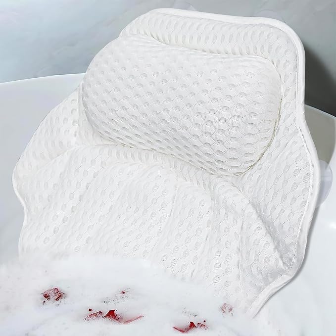 Spa Bath Pillow for Tub — Bathtub Pillow for Head Neck & Back Support, Ergonomic 4D Air Mesh, 6 Suction Cups (Smooth Tubs Only), Machine Washable with Laundry Bag