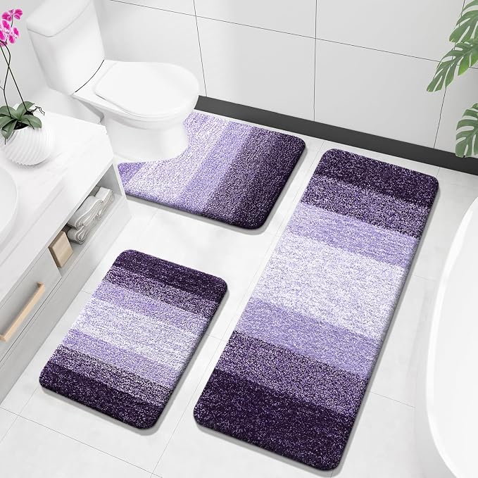 OLANLY Microfiber Bathroom Rugs Sets 3 Piece, 47"x20"+24"x16"+24"x20" | Violet, Soft Absorbent Bath Mats and U-Shaped Contour Toilet Rug, Plush Shaggy Bath Mat Set for Bathroom