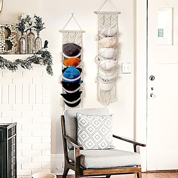 jontell Cap Holder-3 Pack-Hat Organizer for 30 Baseball Caps, Macrame Hat Rack for Wall, Cap Rack for Decoration and Display, Boho Handmade Cap Hanger Over Door Organizer