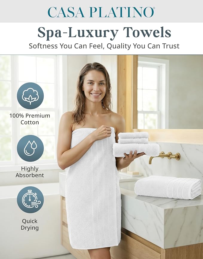 Casa Platino Bath Towel Set 100% Cotton 18 Piece Soft Absorbent - White | Bathroom Towels - Generously Sized, Oversized & Roomy, Lightweight & Breathable, Fade-Resistant Color, Classic Terry Weave