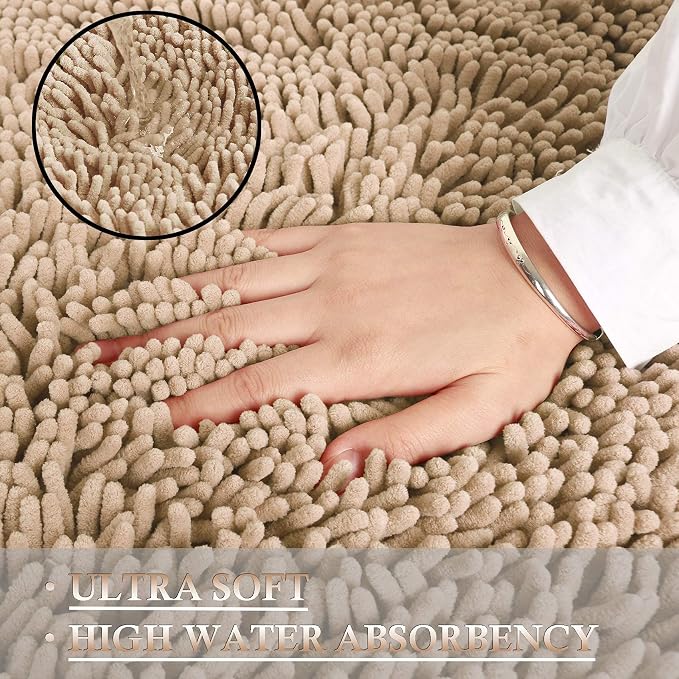 RUN HELIX Beige Bathroom Rug Mat Set, Extra Thick and Absorbent Bath Rugs, Non-Slip, Chenille Soft Plush Shaggy, Washable, for Bathroom, Bedroom, 24x16+20x32 Inch