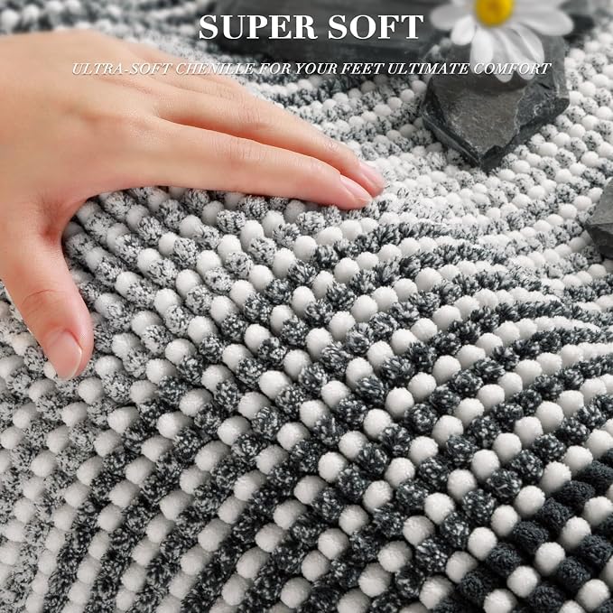 Bathroom Rugs Sets 2 Piece, Non Slip Striped Bath Mats, Blue Grey | 20"x47" Plus 16"x24", Soft Absorbent Chenille, Quick Dry Machine Washable, Shower Rug for Bathroom Floor, Tub, Bedroom Decor