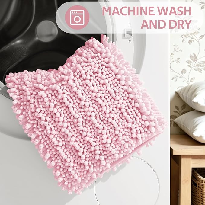 ACCUMTEK Upgrade Extra Large Pink Bathroom Rug Set 3 Pieces Ultra Soft, Thick Absorbent Bath Mats, Non Slip Chenille Toilet Mat for Bathroom, Bedroom, Kitchen