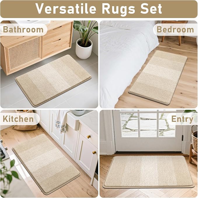 Bsmathom Bathroom Rug Set 4 Piece, Plush Microfiber Bath Mat, Light Beige | Extra Water Absorbent, Non Slip Washable Runner Bath Rugs with Toilet Lid Cover and U-shaped Contour Toilet Mat