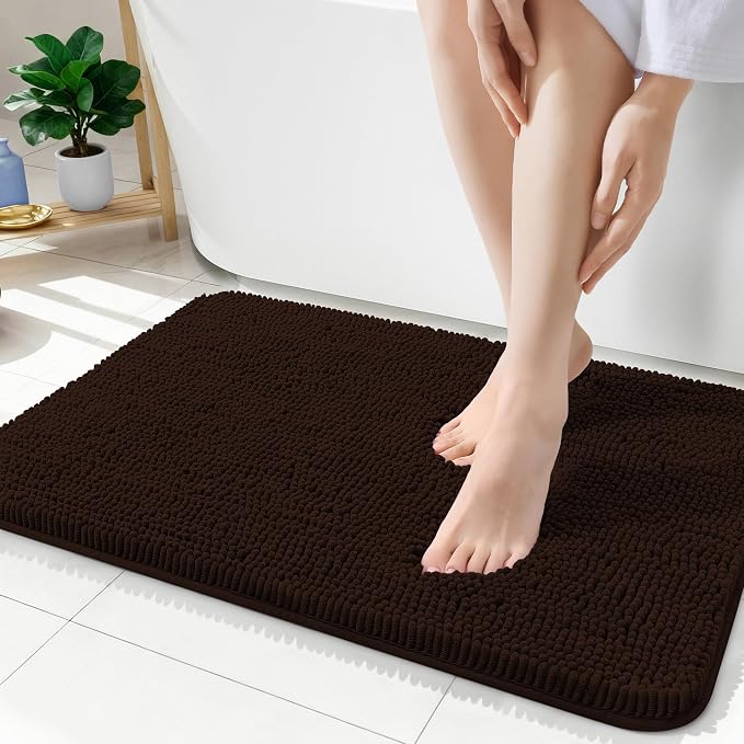 OLANLY Bathroom Rugs 35x24, Extra Soft Absorbent Chenille Bath Rugs | Brown, Quick-Drying Rubber Backing, Machine Washable Bath Mat for Bathroom Floor, Tub and Shower, Home Decor Accessories