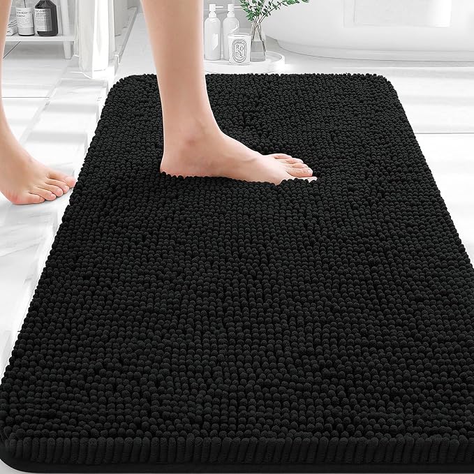 OLANLY Small Bathroom Rugs 30x18, Extra Soft Absorbent Chenille Bath Rugs | Black, Quick-Drying Rubber Backing, Machine Washable Bath Mat for Bathroom Floor, Tub and Shower, Home Decor Accessories
