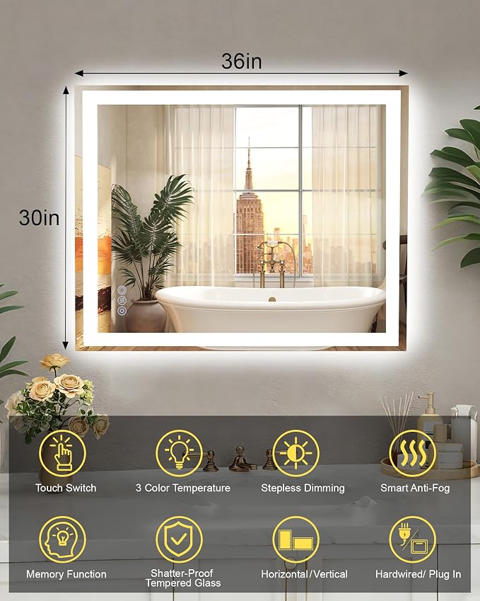 30x36 LED Bathroom Mirror, 6000LM, Separate Front and Back Lights | Shatter-Resistant Tempered Glass,Auto-Off Defogger,3 Color Modes,Smooth Dimming,Smart Memory Setting