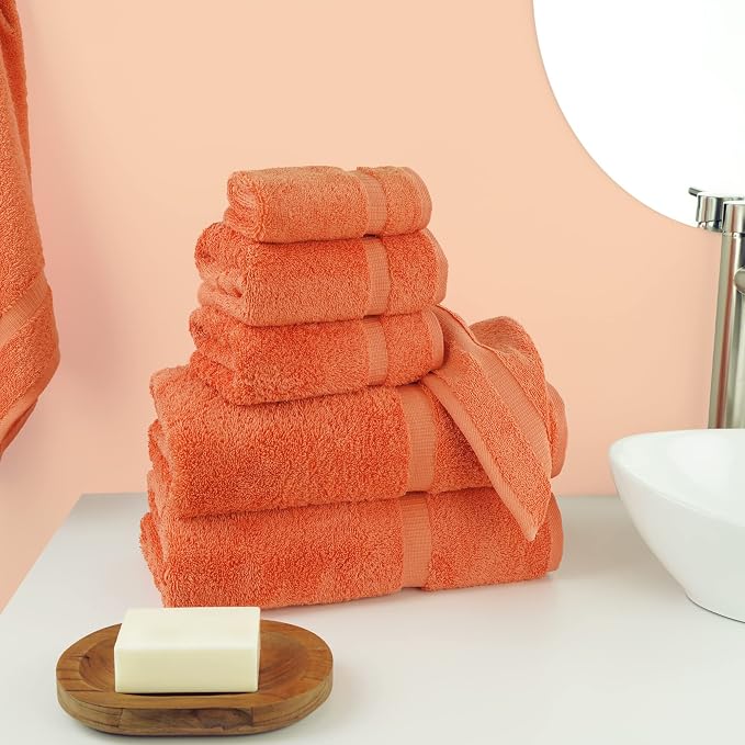 Chakir Turkish Linens 100% Cotton 6-Piece Towel Set, Coral | 100% cotton 6-pc set, OEKO-TEX certified: 2 bath 27x54, 2 hand 16x30, 2 washcloths 13x13
