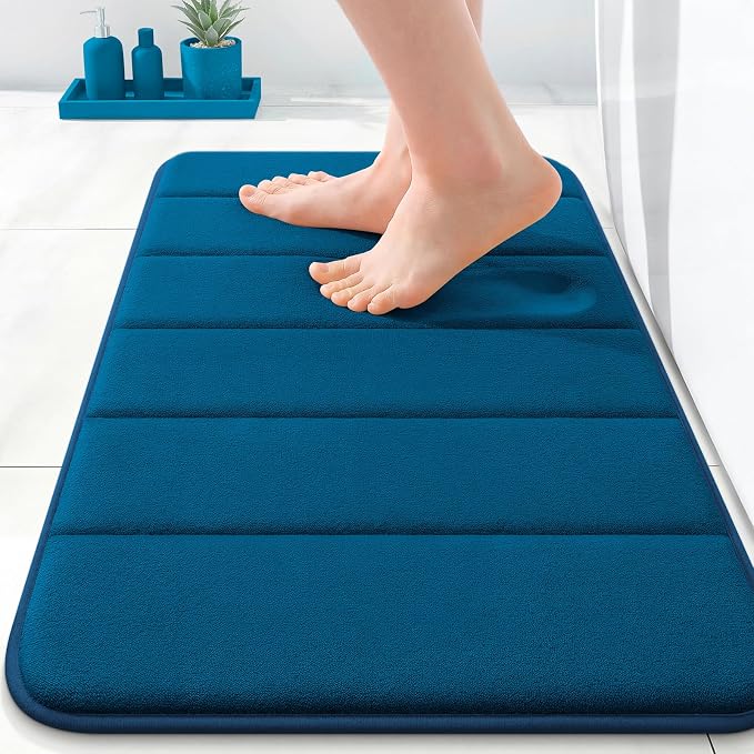 OLANLY Memory Foam Bath Mat 24x16, Super Soft and Absorbent Bathroom Rugs | Navy Blue, Quick Dry Bath Rug, Machine Washable Shower Floor Mats, Bathmat Carpet for Bathroom Floor, Tub and Shower