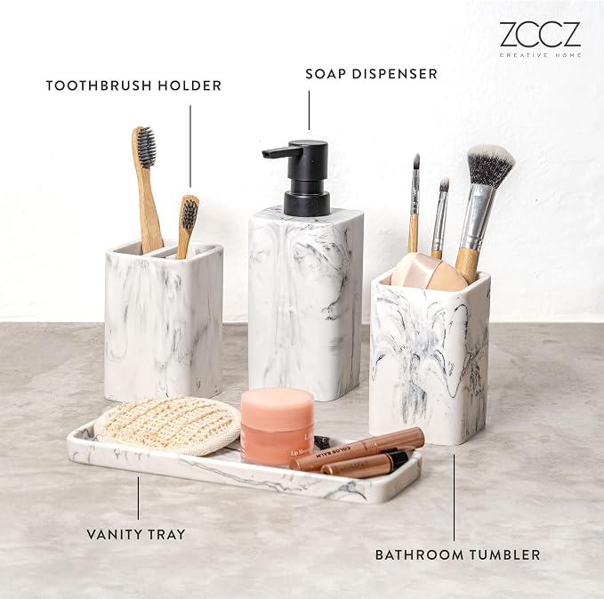 Bathroom Accessory Sets, 4 Pieces Bathroom Accessories Complete Set Vanity Countertop Accessory Set with Marble Look, Includes Lotion Dispenser, Toothbrush Holder and Tray (White Marble Look)