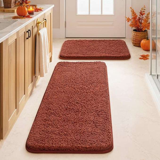 MIULEE Fall Rust Bathroom Rugs Set 2 Piece Soft Bath Mats 16x24+16x48 Inch | Soft Absorbent Microfiber Bath Rugs, Non Slip, Quick Dry, Fluffy Bath Rugs for Bathroom Floor Tub Showers, Machine Washable