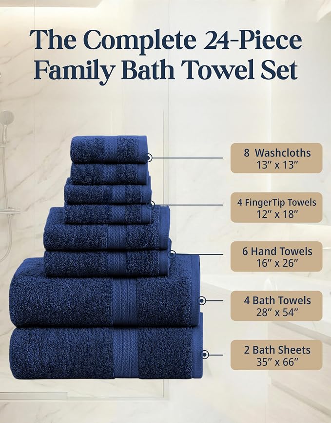 LANE LINEN Bathroom Towel Set 24 Piece Soft Absorbent Quick Dry - Navy | Set Of Towels - Easy-Care, Coordinated Colors, OEKO-TEX Certified, Ring-Spun Durability