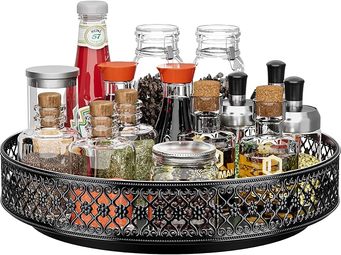 Ovicar Lazy Susan Organizer Turntable - 11 inch Rotating Spice Rack Metal Lazy Susan for Cabinet Pantry Kitchen Countertop Dining Table Cupboard Bathroom Refrigerator Vanity Black