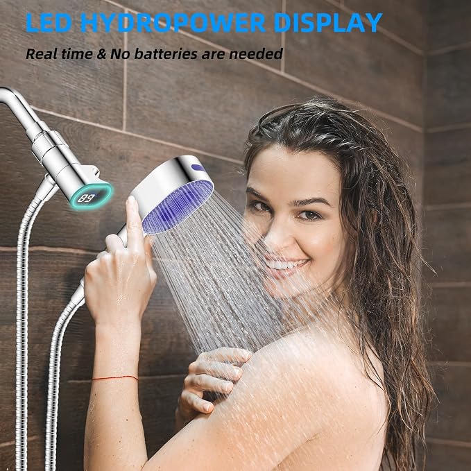 Hibbent Upgraded Metal Shower Head Holder with LED Display Shower Thermometer, Adjustable Shower Arm Mount for Handheld Shower Head, Universal Shower Head Bracket, Solid Brass Pivot Ball, Chrome