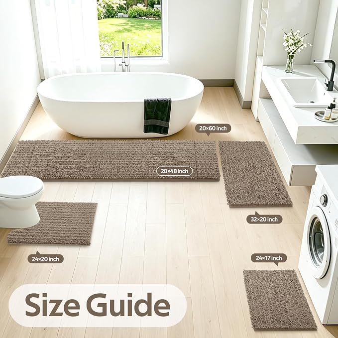 ACCUMTEK Upgrade Extra Large Dark Beige Bathroom Rug Set 3 Pieces Gray Ultra Soft, Thick Absorbent Bath Mats, Non Slip Chenille Toilet Mat Bathroom, Bedroom, Kitchen, Taupe