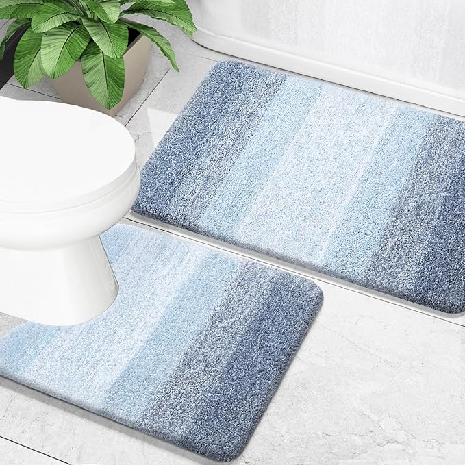 OLANLY Micorfiber Bathroom Rug Set 2 Piece, 24"x16"+U-Shaped 24"x20" | Blue, Soft Absorbent Bath Mats and Contour Toilet Rug, Non-Slip, Machine Wash Dry, Plush Shaggy Bath Mats for Bathroom