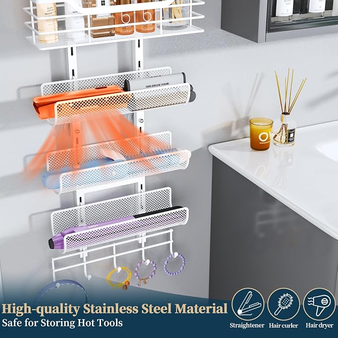 Consumest 6-Tier Hair Tool Organizer - Hair Dryer Holder Over The Door/Wall Mounted DIY Adjustable Shelf Bathroom Door Organizer with Hook for Curling Iron/Blow Dryer/Straightener White