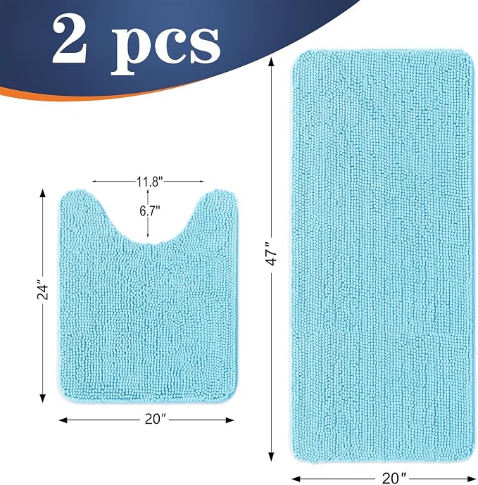 OLANLY Chenille Bathroom Rugs Mats Sets 2 Piece, 47"x20"+24"x20", Sky Blue | Soft Absorbent Bath Mat and U-Shaped Contour Toilet Rug Set, Quick Dry, Machine Washable Bath Carpet, Home Decor Accessories