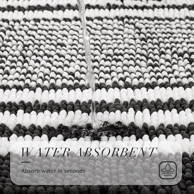 Large Bathroom Rugs, 24x36 Chenille Bath Mats, Dark Grey | Extra Soft Absorbent, Non Slip Striped, Quick Dry Machine Washable, Modern, Shower Rug for Bathroom Bedroom Decor