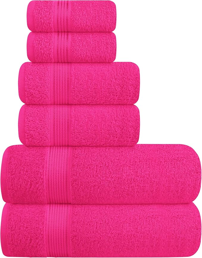 Ultra Soft 6 Pack Cotton Towel Set, Contains 2 Bath Towels 28x55 inch, 2 Hand Towels 16x24 inch & 2 Wash Coths 12x12 inch, Ideal Everyday use, Compact & Lightweight - Hot Pink