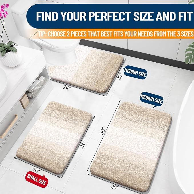 OLANLY Micorfiber Bathroom Rug Set 2 Piece, 30"x20"+24"x16" | Light Beige, Soft Absorbent Bath Rug Set, Non-Slip, Machine Wash Dry, Plush Shaggy Bath Mats for Bathroom