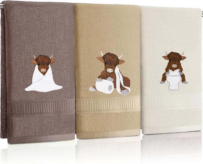 3 Pcs Highland Cow Hand Towels for Bathroom Kitchen Decor Gifts | Embroidered Highland Cow Design, 100% Cotton, Farmhouse Bathroom Kitchen Decor, Absorbent Towels, Holiday Housewarming Gifts
