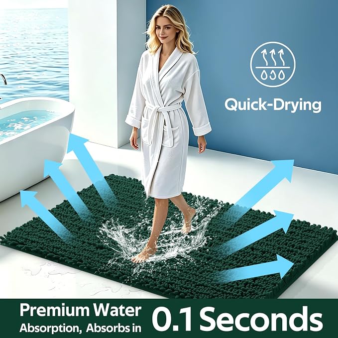 ACCUMTEK Upgrade Luxury 2 Piece Deep Green Toilet Bathroom Rug Mat 60"x20"+32"x20", Ultra Soft Thick Absorbent Bath Mats, Non Slip Chenille Toilet Mat for Bathroom, Bedroom, Kitchen, Shower, Tub