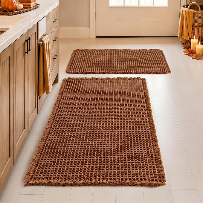 MIULEE Fall Terracotta Set of 2 Waffle Bathroom Rugs 17"x24"+18"x30" | Non Slip, Super Absorbent, Washable, Ultra Soft, Rubber Backed, Small Boho Bath Rugs for Bathroom Floor Tub Shower