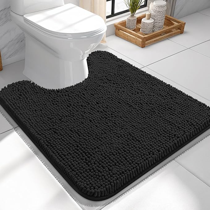 OLANLY Toilet Rugs U-Shaped 24x24, Soft Absorbent Chenille Contour Rugs | Black, Quick-Drying Rubber Backing, Machine Washable Non-Slip Shaggy Bathroom Mat for Toilet, Home Decor Accessories