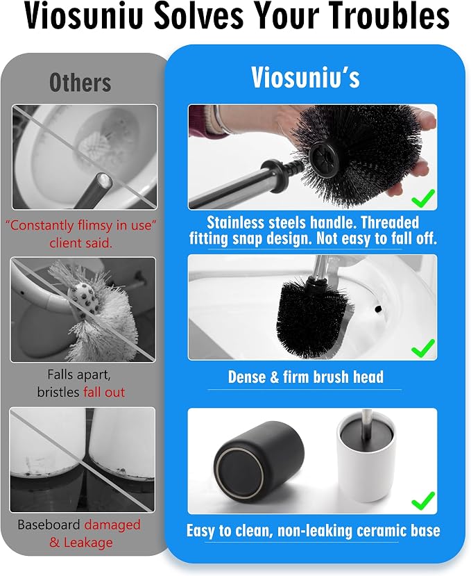 Ceramic Toilet Brush and Holder Set, Toilet Bowl Cleaner Brush | Freestanding Deep-Cleaning, Stainless Steel Handle, Small & Sturdy for Storage, Easy to Clean, Non-Scratching