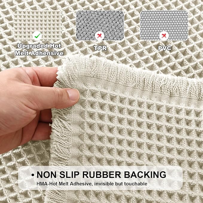 JIUZHEN Set of 2 Waffle Bath Mats Boho Bath Rugs 16"x24"+18"x30", Ivory | Non Slip, Super Absorbent, Washable, Ultra Soft, Fast Drying Waffle Bathroom Rugs for Bathroom Floor, Tub, Shower