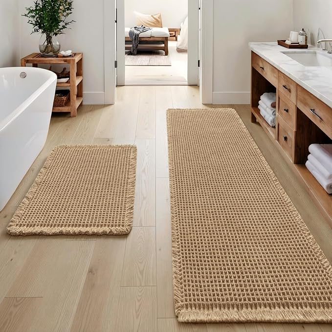 MIULEE Set of 2 Waffle Bathroom Rugs Boho Bath Mat Brown 17"x24"+20"x47" | Non Slip, Super Absorbent, Washable, Ultra Soft, Rubber Backed, Small Bath Rug and Bathroom Runner for Floor Tub Shower