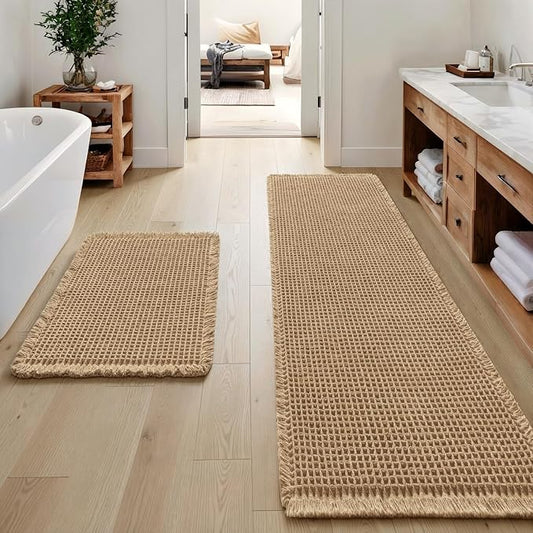 MIULEE Set of 2 Waffle Bathroom Rugs Boho Bath Mat Brown 17"x24"+17"x48" | Non Slip, Super Absorbent, Washable, Ultra Soft, Rubber Backed, Small Bath Rug and Bathroom Runner for Floor Tub Shower