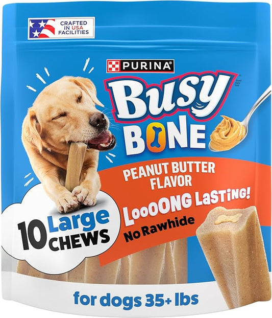 Purina Busy Bone Large Dog Chew Treats, Peanut Butter Flavor, 10 ct Pouch | Rawhide free chew with a tasty peanut butter flavor center for dogs 35+ lbs, long lasting chew that helps clean teeth