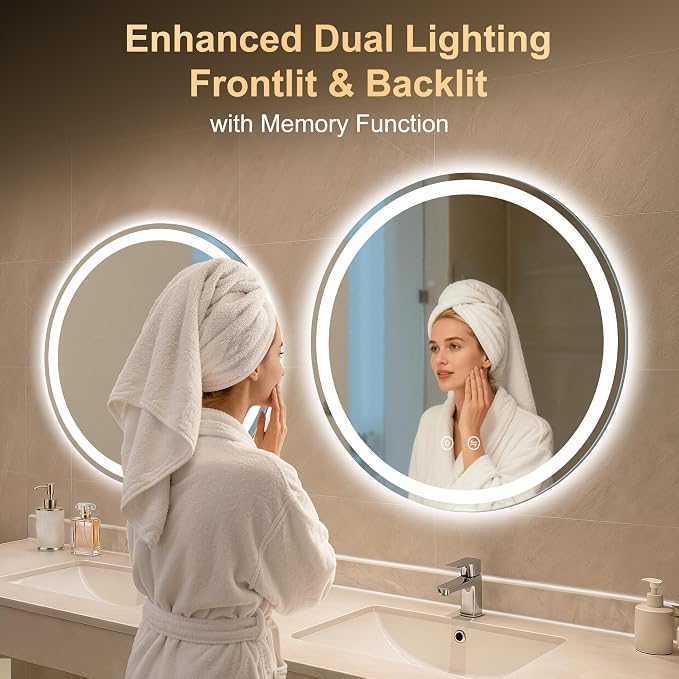 36 Inch Round LED Bathroom Mirror with Lights, Circle Lighted Vanity Mirror | Smart Anti-Fog, Dimmable 3 Color Modes, Backlit+Frontlit, Memory Function, HD Tempered Glass, Touch Sensor