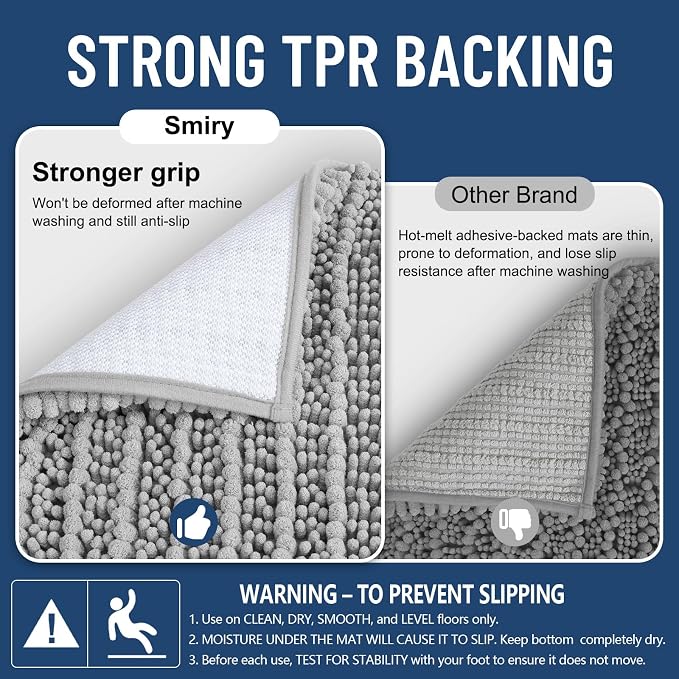 Smiry Bathroom Rugs 47X17, Extra Soft Rubber Backing Chenille Bath Mats | Light Grey Machine Washable Non Slip Quick Dry Bath Mats for Bathroom Floor, Tub, Shower, Home Decor Accessories