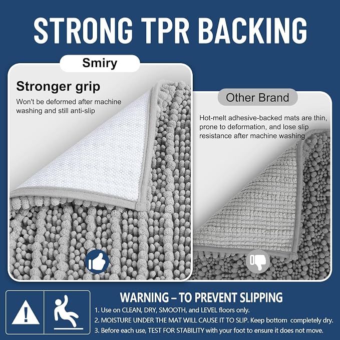 Smiry Bathroom Rugs 70X24, Extra Soft Rubber Backing Chenille Bath Mats | Light Grey Machine Washable Non Slip Quick Dry Bath Mats for Bathroom Floor, Tub, Shower, Home Decor Accessories