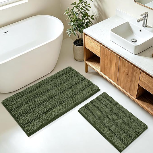 Christmas Striped Olive Green Bathroom Rug Mat Set 2 piece 32"x20"+24"x17" Ultra Soft, Non Slip Chenille Bath Rugs, Absorbent Plush Shaggy Bath Mats for Bathroom, Bedroom, Kitchen, Shower, Tub