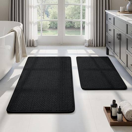 HOMEIDEAS Bathroom Rugs Set 2 Piece Thin Non Slip, Black 17"x24"+20"x32" | Quick Dry Absorbence Bath Mats, Soft Chenille, Low Profile Fits Under Doors, Ideal for Bathtub, Shower, Elderly and Pets