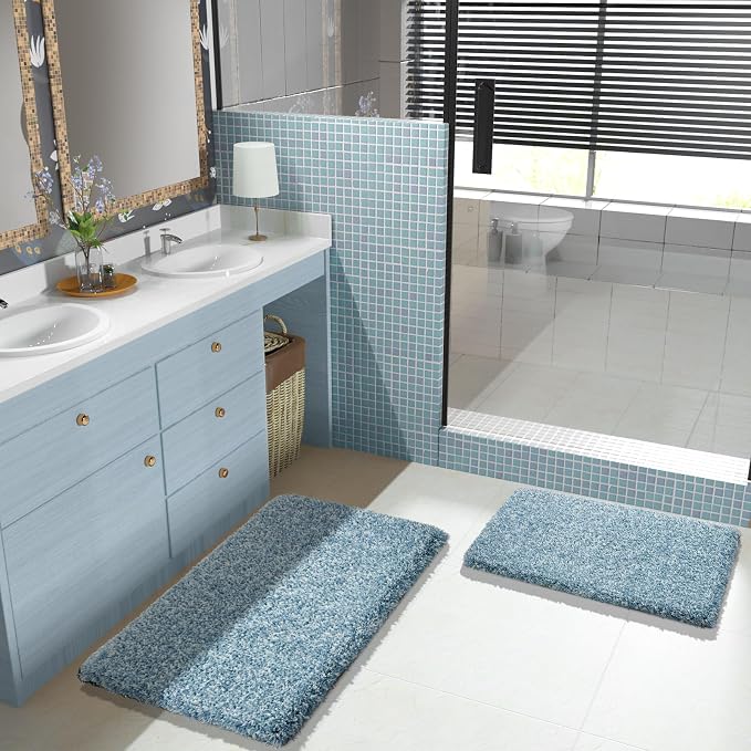 Yimobra Bathroom Rugs Sets 2 Piece, 32x20+24x17, Denim Blue and White | Soft Absorbent Microfiber Bath Mat Set, Non Slip, Machine Washable Quick Dry, Plush Shaggy Shower Rugs for Bathroom Floor