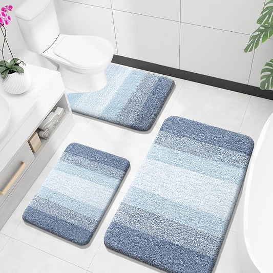 OLANLY Microfiber Bathroom Rugs Sets 3 Piece, 36"x24"+24"x16"+24"x20" | Blue, Soft Absorbent Bath Mats and U-Shaped Contour Toilet Rug, Plush Shaggy Bath Mat Set for Bathroom