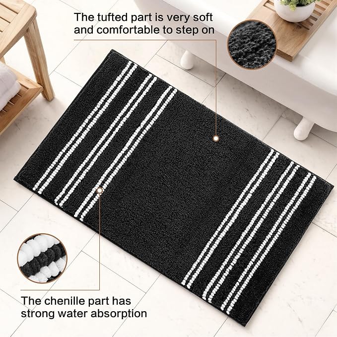 Kmson Bathroom Rugs Mat, 20"x32" Ultra Soft Washable Shaggy Chenille Bath Rugs, Non-Slip Fluffy Thick Water Absorbent Microfiber Mat for Bathtub, Sink and Shower, Black