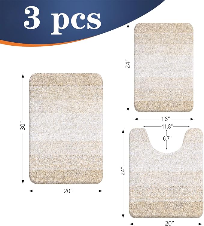 OLANLY Microfiber Bathroom Rugs Sets 3 Piece, 30"x20"+24"x16"+24"x20" | Light Beige, Soft Absorbent Bath Mats and U-Shaped Contour Toilet Rug, Machine Wash Dry, Plush Bath Mat Set for Bathroom