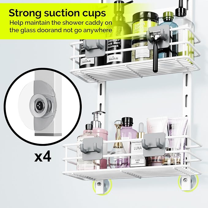 Orimade Over The Door Shower Caddy Adjustable 3 Tier White,Bathroom Hanging Organizer Shelf Rustproof with 4 Hooks,Shower Basket with Soap Holder and Suction Cup