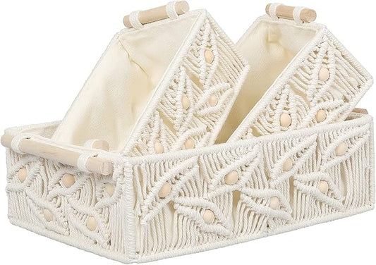 ANMINY 3PCS Macrame Storage Baskets for Organizing Boho Decor Baskets Storage Bins with Wood Handles Handmade Decorative Storage Boxes Desk Toilet Tank Bathroom Self Basket Organizer - Leaves w/Beads