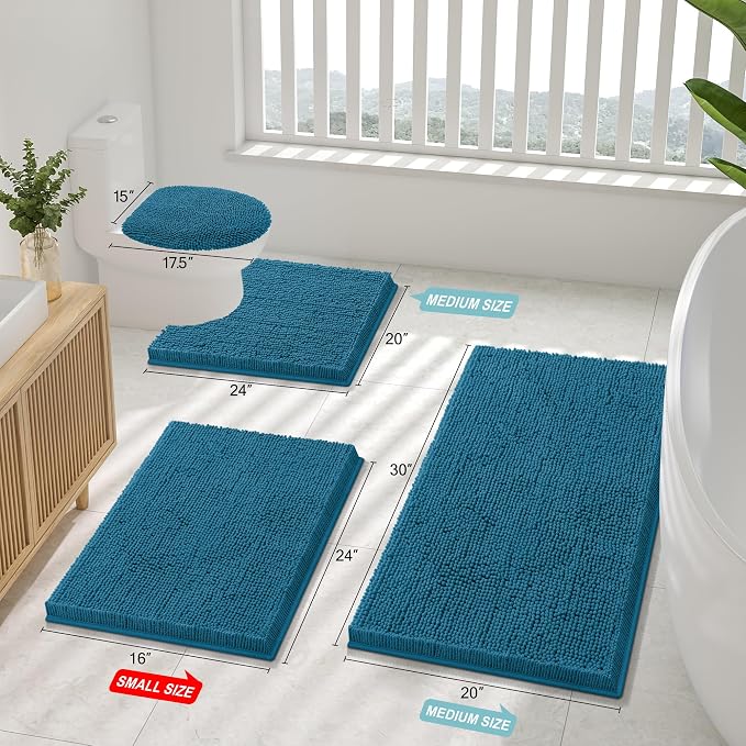 Smiry Chenille Bathroom Rugs Sets 2 Piece (30x20+24x16, Peacock Blue) | Soft Absorbent Machine Washable Non Slip Shaggy Bath Rug Set for Tub, Shower, and Floor, Home Decor